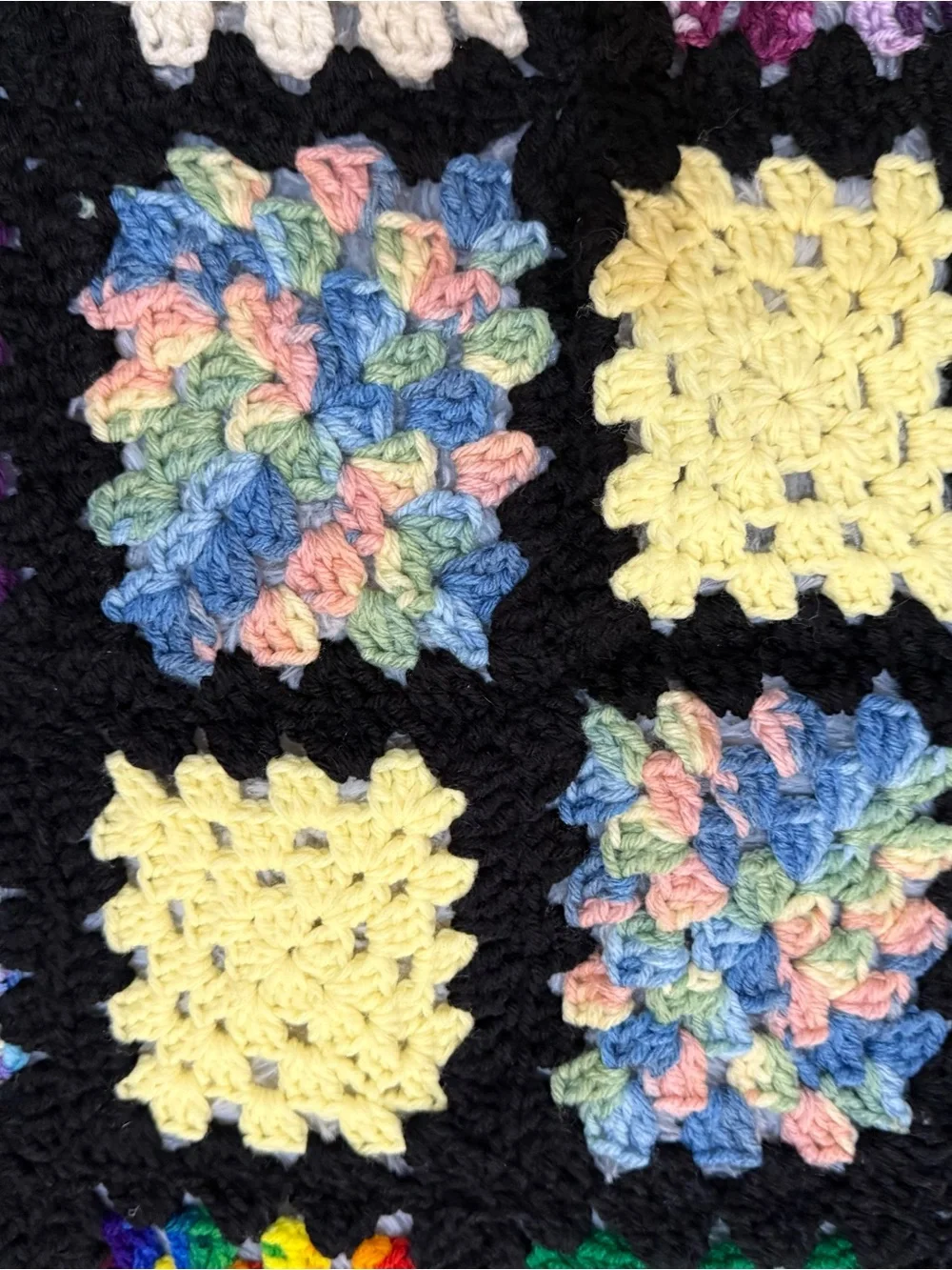 Handmade Crochet Granny Square Throw Blanket Black Multi-Color Afghan 51” X 73”